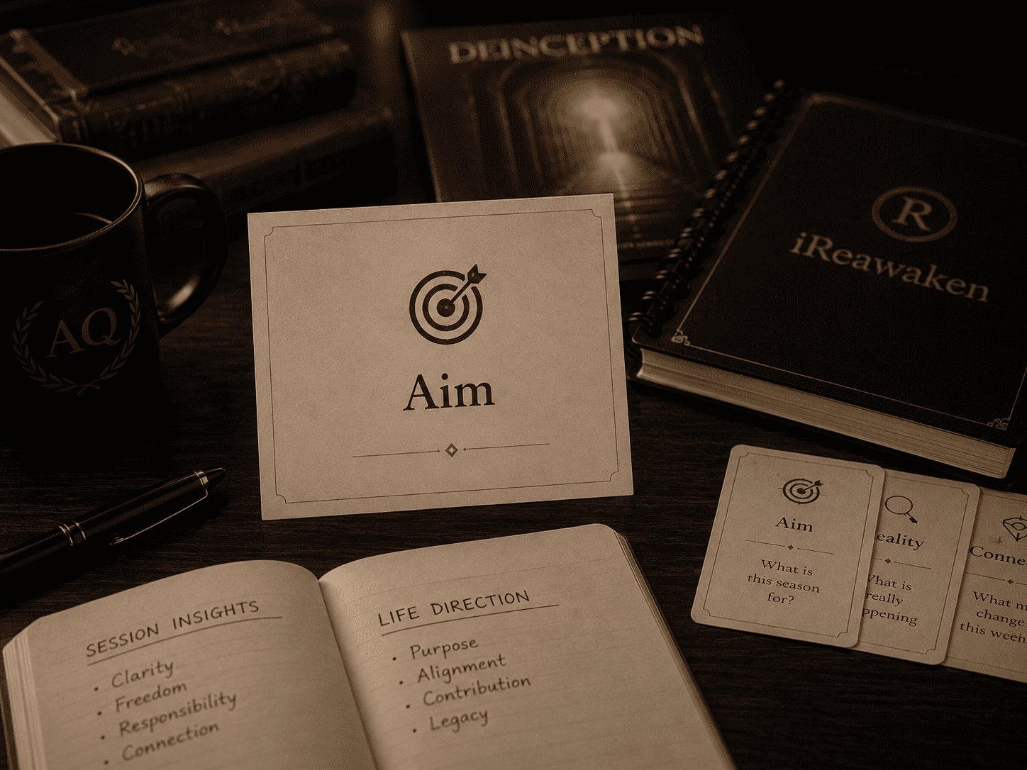 Aim card and notebook representing serious direction inside AQMeets Lite