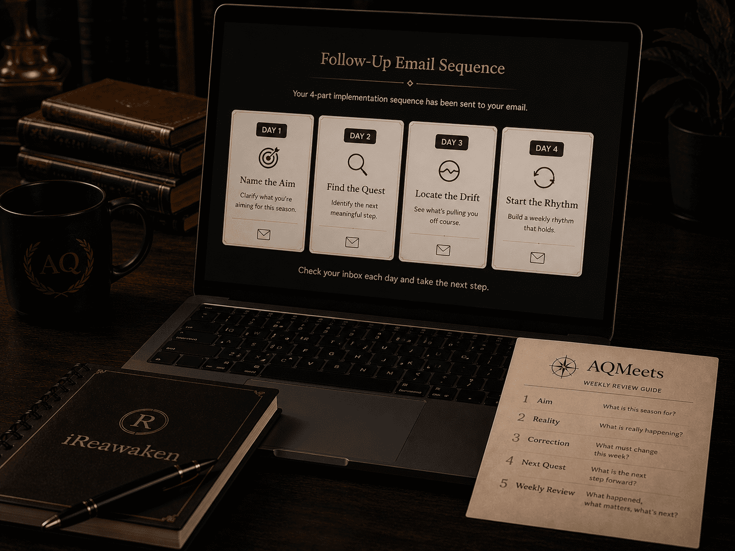 Guided follow-up email sequence with iReawaken notebook and AQMeets review cards