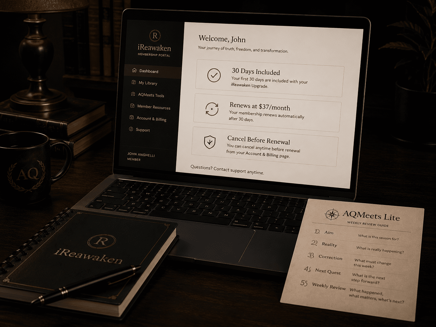 Clear AQMeets Lite renewal and cancellation terms shown in a premium membership portal