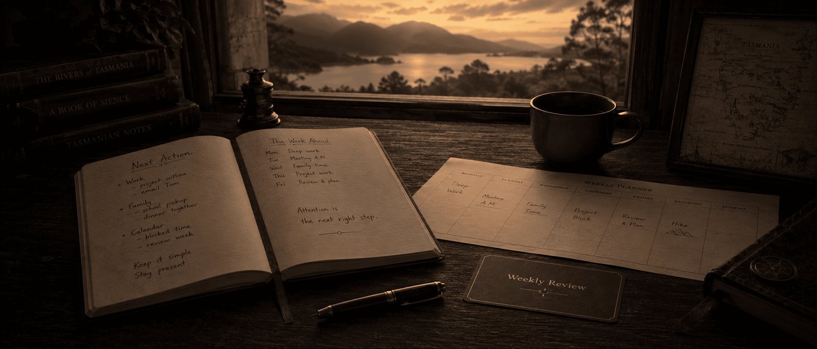 Notebook, calendar and weekly review card showing the need to carry iReawaken into ordinary life