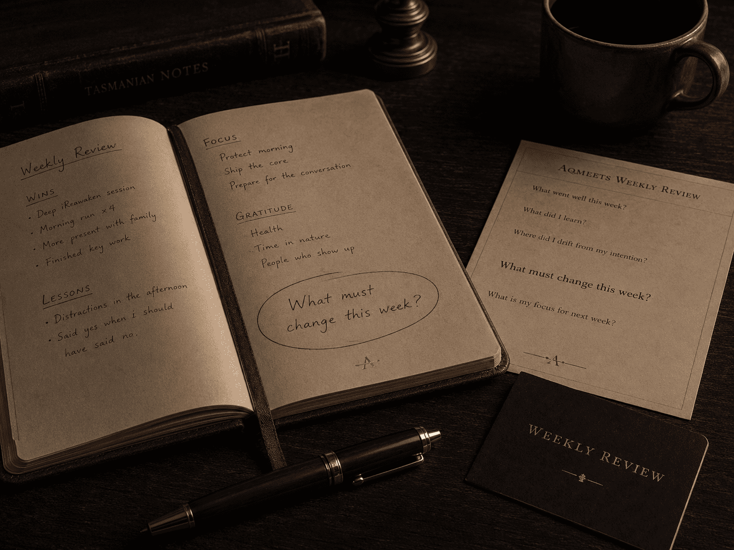 Weekly review setup with AQMeets cards and the question what must change this week