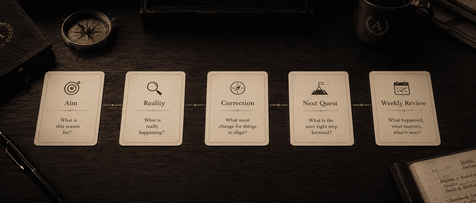 AQMeets implementation cards showing aim reality correction next quest and weekly review