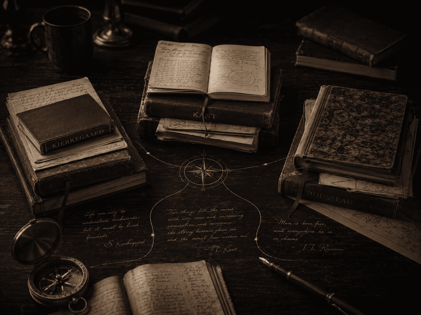 Philosophical study image representing Kierkegaard Kant and Rousseau